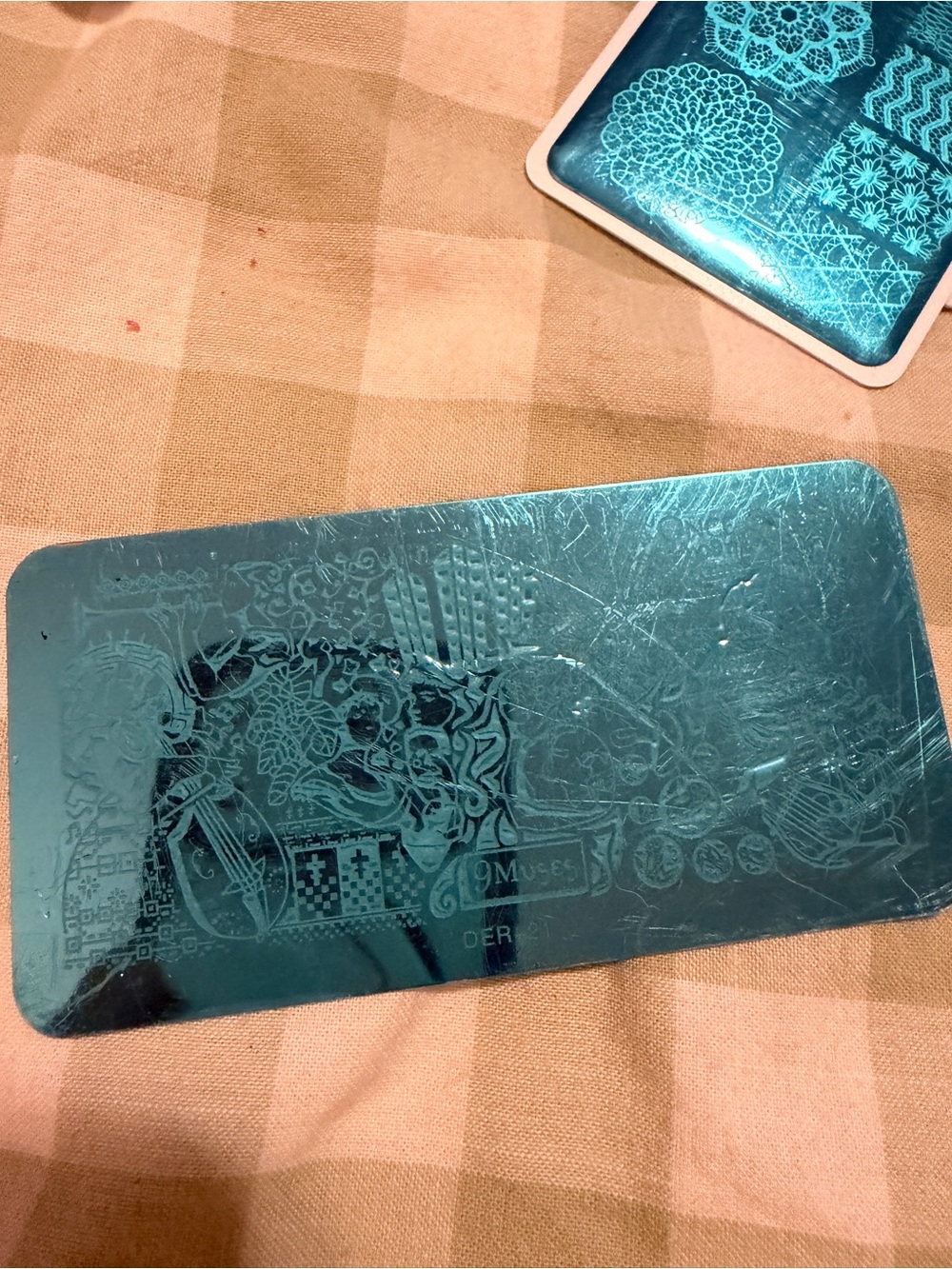Blue Metallic Nail Stamping Plate with Floral and Geometric Designs